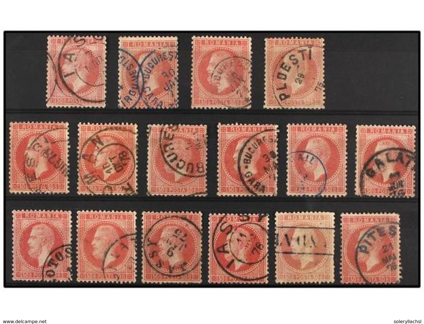 5118 ° RUMANIA. Mi.42 (16). 1872. <B>50 Bani</B> Rose. Lot With 16 Stamps, Nice Cancels. Michel.800?. - Other & Unclassified