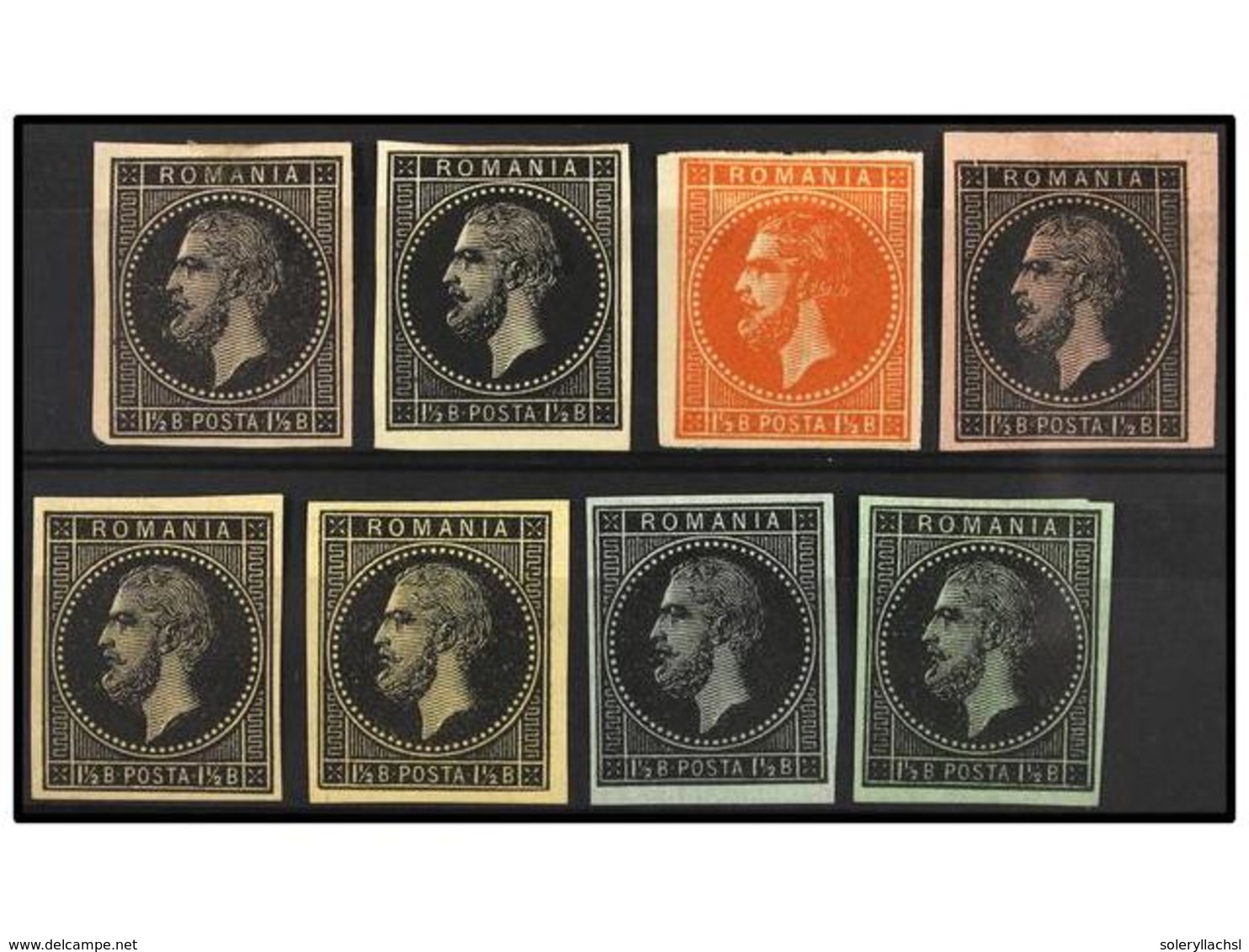 5122 RUMANIA. Mi.43 (8). 1876. <B>1 1/2 Bani ESSAYS. </B>Group Of 8 Stamps Black On Different Colours Paper. - Sonstige & Ohne Zuordnung