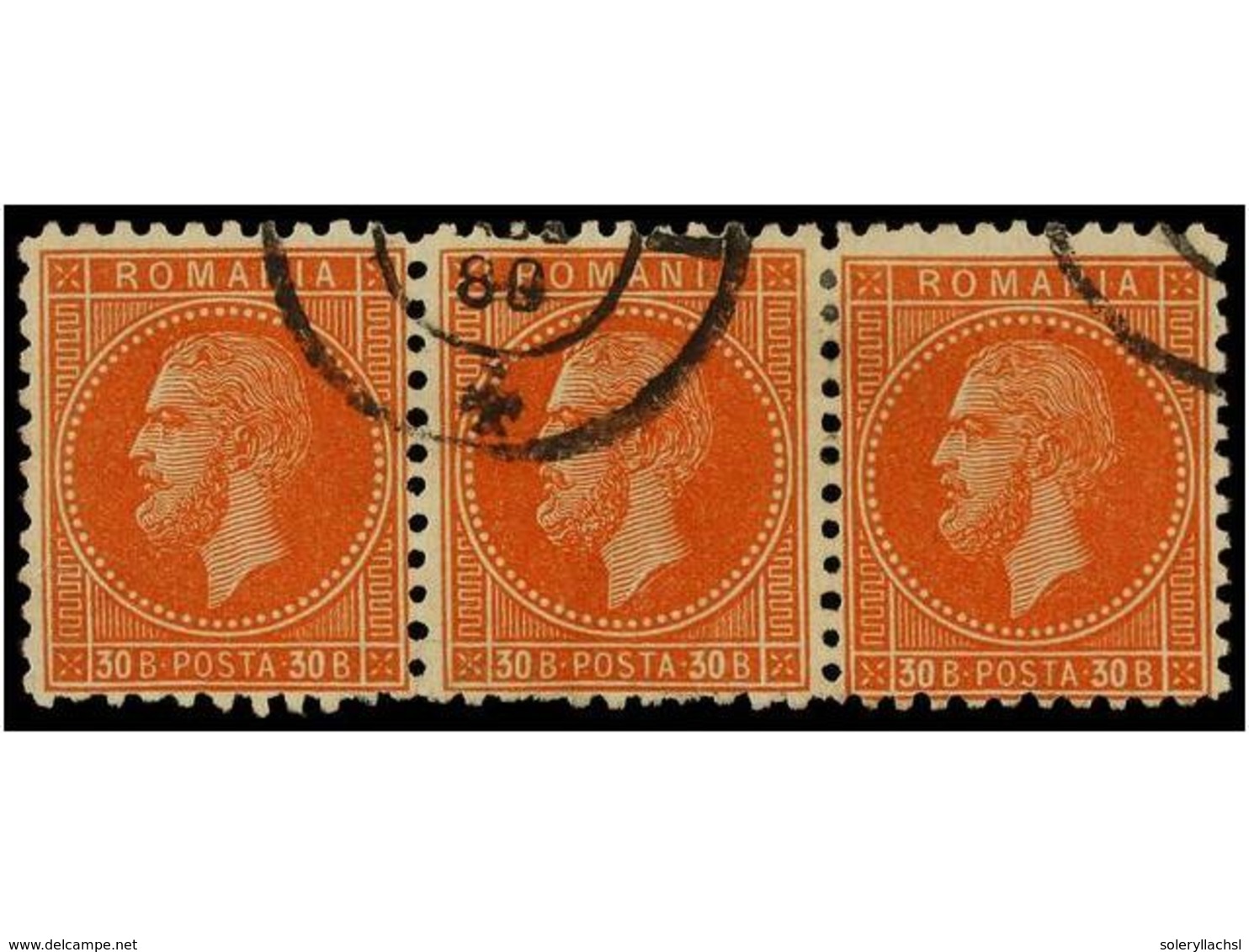 5134 ° RUMANIA. Mi.47 (3). 1876. <B>30 Bani</B> Orange Red, Strip Of Three. Fine Used, Scarce Multiple. Michel.+180?. - Sonstige & Ohne Zuordnung