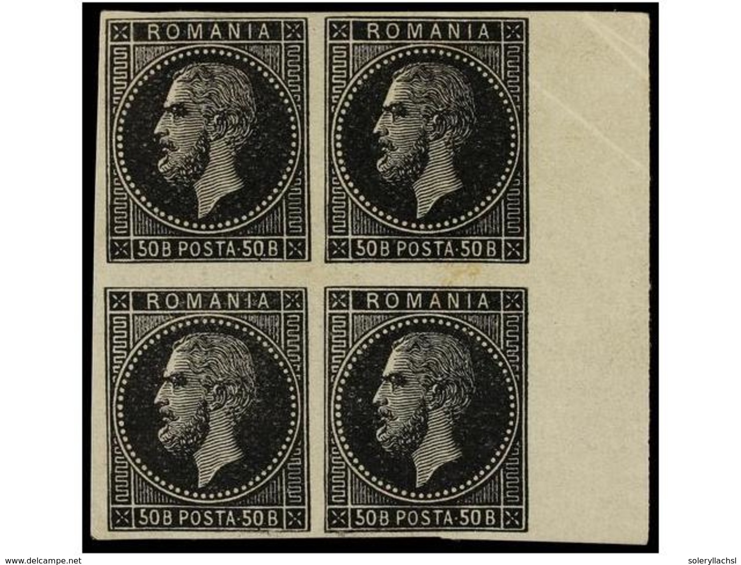 5142 RUMANIA. Mi.54 (4). 1879. <B>50 Bani</B> Black. <B>ESSAY</B>. <B>IMPERFORATE</B> Block Of Four. - Other & Unclassified