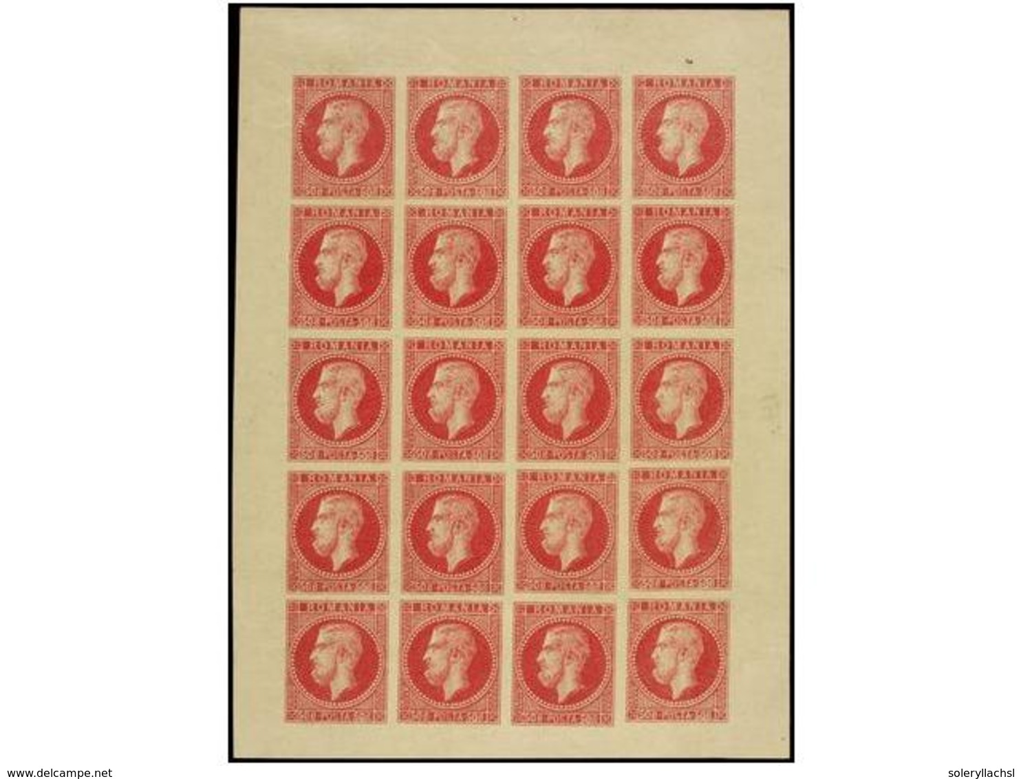 5143 RUMANIA. Mi.54. 1876. <B>50 Bani</B> Rose <B>ESSAY. </B>Complete Sheet Of 20 Stamps. Very Scarce. - Sonstige & Ohne Zuordnung