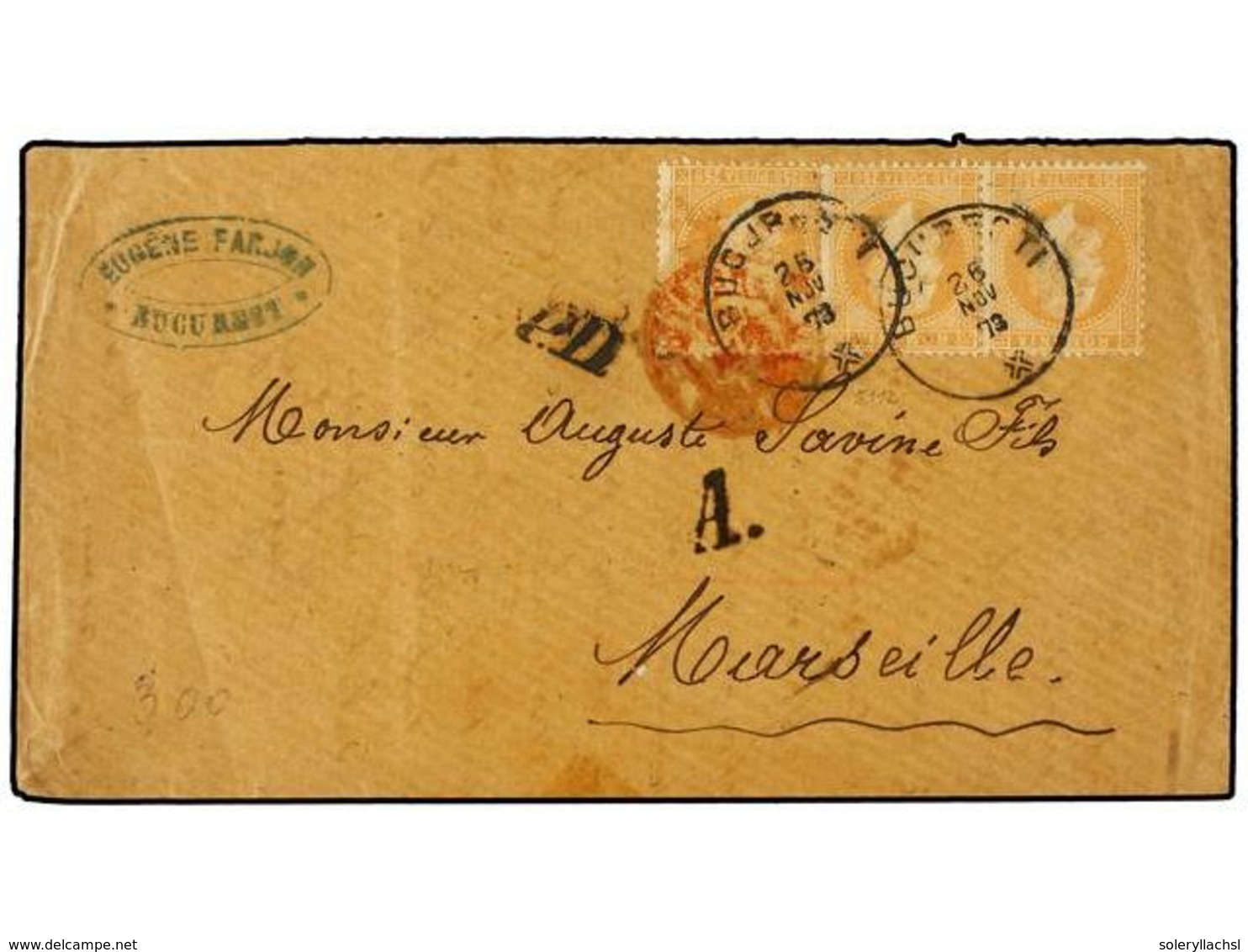 5150 RUMANIA. 1873. BUCAREST To FRANCE. <B>25 B.</B> Orange, Strip Of Three. - Sonstige & Ohne Zuordnung