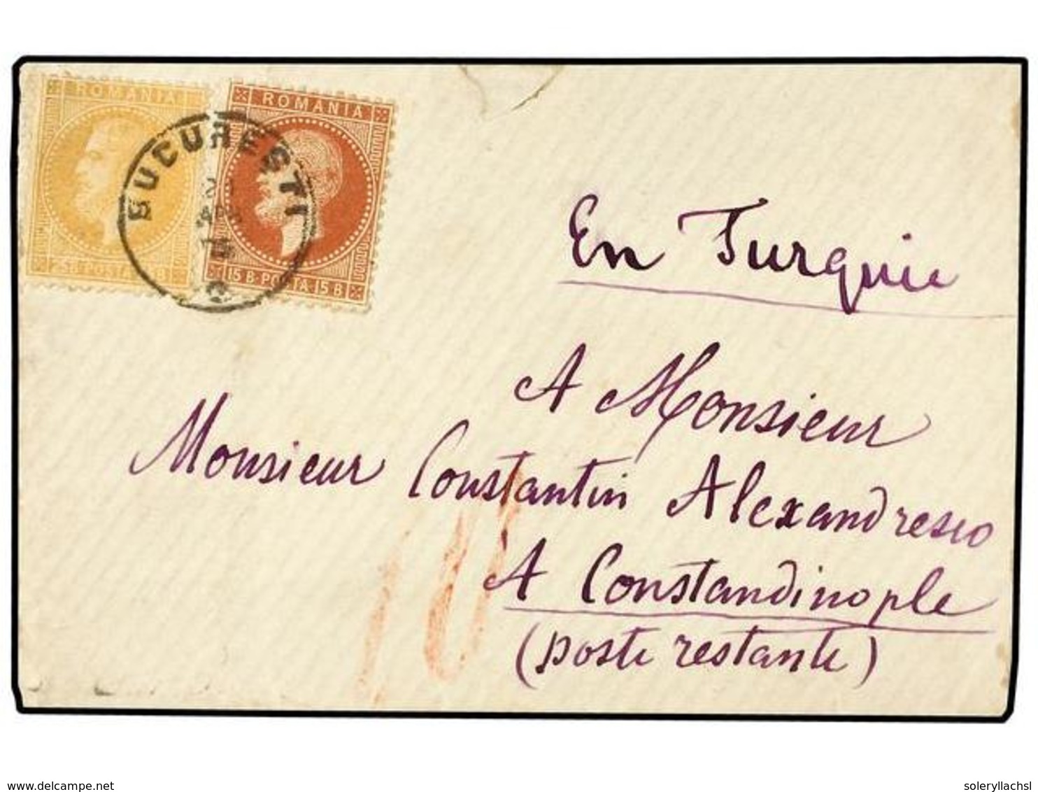 5157 RUMANIA. 1874. BUCAREST To CONSTANTINOPLE. <B>15 B.</B> Brown And <B>2b.</B> Orange. On Back <B>CONSTANTINOPLE</B>  - Sonstige & Ohne Zuordnung