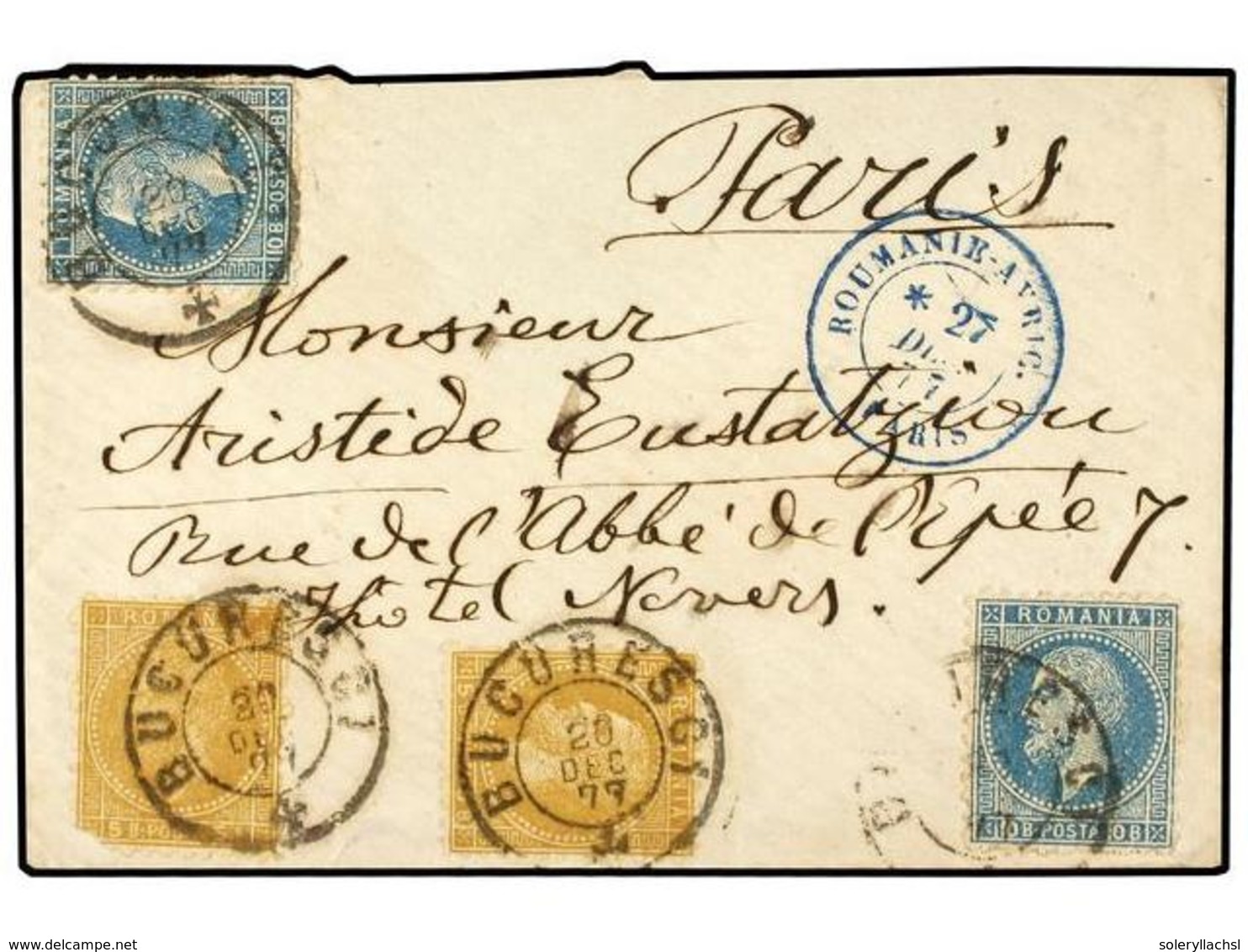 5163 RUMANIA. 1877. BUCAREST To PARIS. <B>5 B.</B> Ocre (2) And <B>10 B.</B> Blue. On Front Arrival <B>ROUMANIE-AVBIC/PA - Sonstige & Ohne Zuordnung