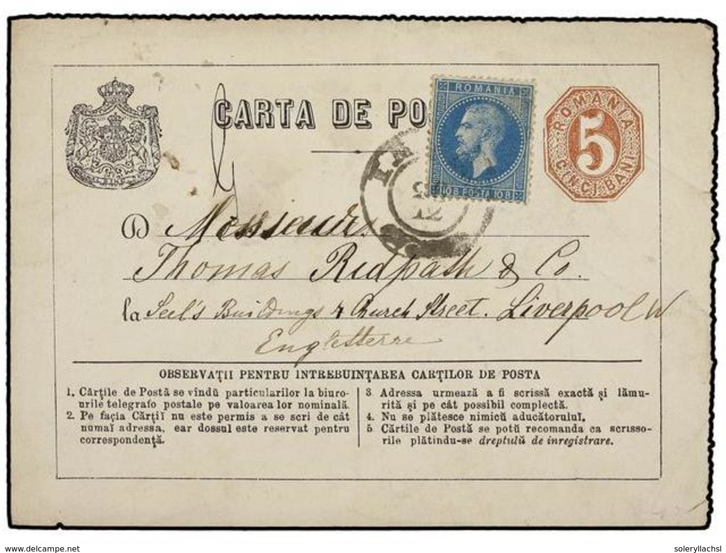 5167 RUMANIA. Mi.39. 1877. JASSY To GREAT BRITAIN. <B>5 Bani </B>brown Stationery Card, Uprated By <B>10 Bani</B> Blue S - Other & Unclassified