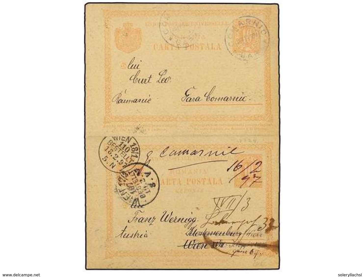 5176 RUMANIA. 1897. COMARNIC To WIEN And Re-adressed. <B>10 Bani + 10 Bani</B> Rose Stationery Double Card, Tied With <B - Other & Unclassified