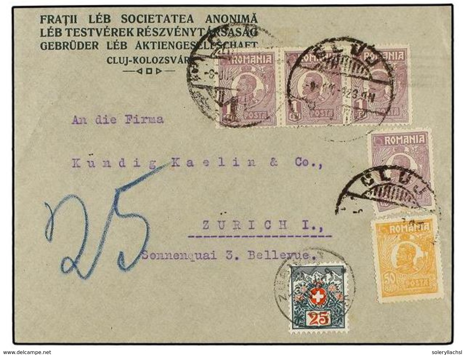 5180 RUMANIA. 1923. CLUD To SWITZERLAND. <B>50 B. </B>yellow, <B>1 B. </B>lilac (4) Taxed On Arrival With Swiss <B>25 Rp - Sonstige & Ohne Zuordnung