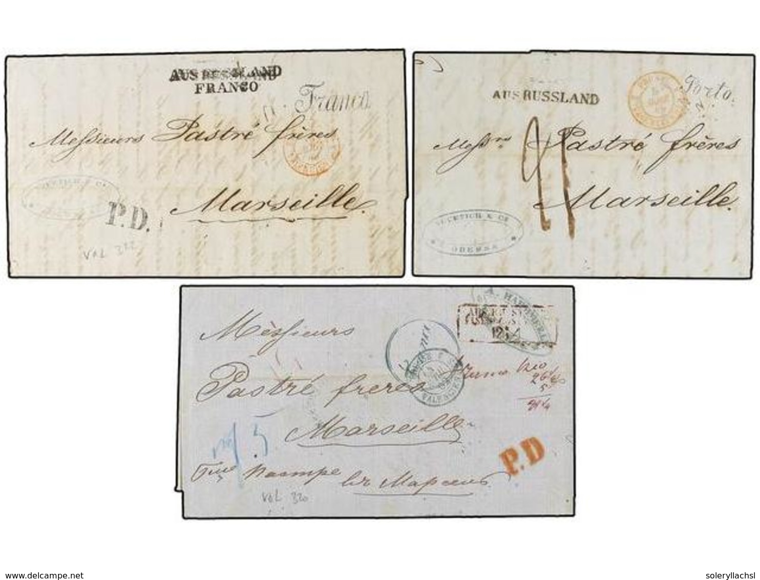 5188 RUSIA. 1848-62. RUSSIA To FRANCE. Five Covers With Different <B>AUS RUSLAND</B> Entry Marks. - Other & Unclassified