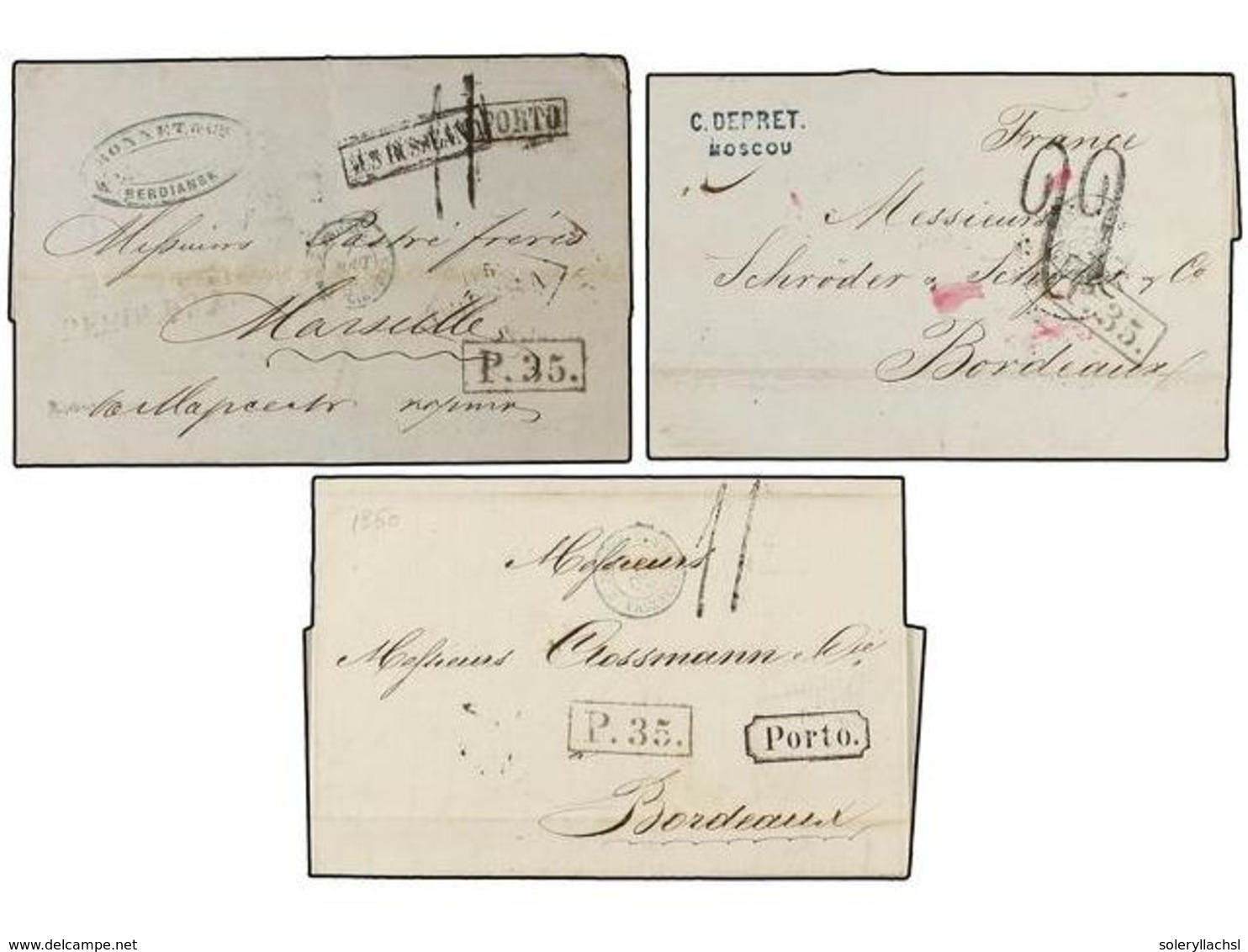 5191 RUSIA. 1859-61. RUSSIA To FRANCE. Three Covers With Various Marks And <B>P.35</B> Exchange Marks (Van Der Linden 20 - Andere & Zonder Classificatie