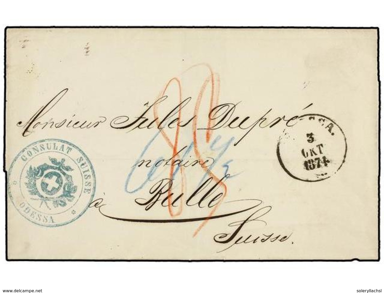 5202 RUSIA. 1874. ODESSA To RULLE (Switzerland) With <B>CONSULAT SUISSE/ODESSA</B> Blue Mark. - Other & Unclassified