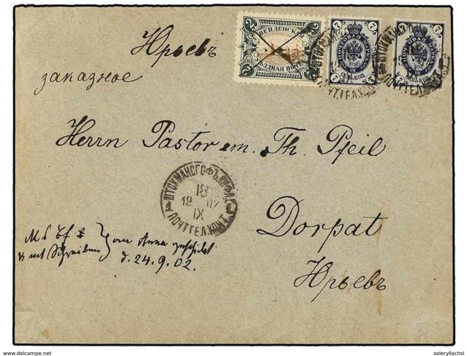 5207 RUSIA. 1902 (18 Sept.). <B>WENDEN</B>. SHTOKMANSGOF To DORRAT Franked By Wenden <B>2 K.</B> And Two Russia <B>7 K.< - Andere & Zonder Classificatie