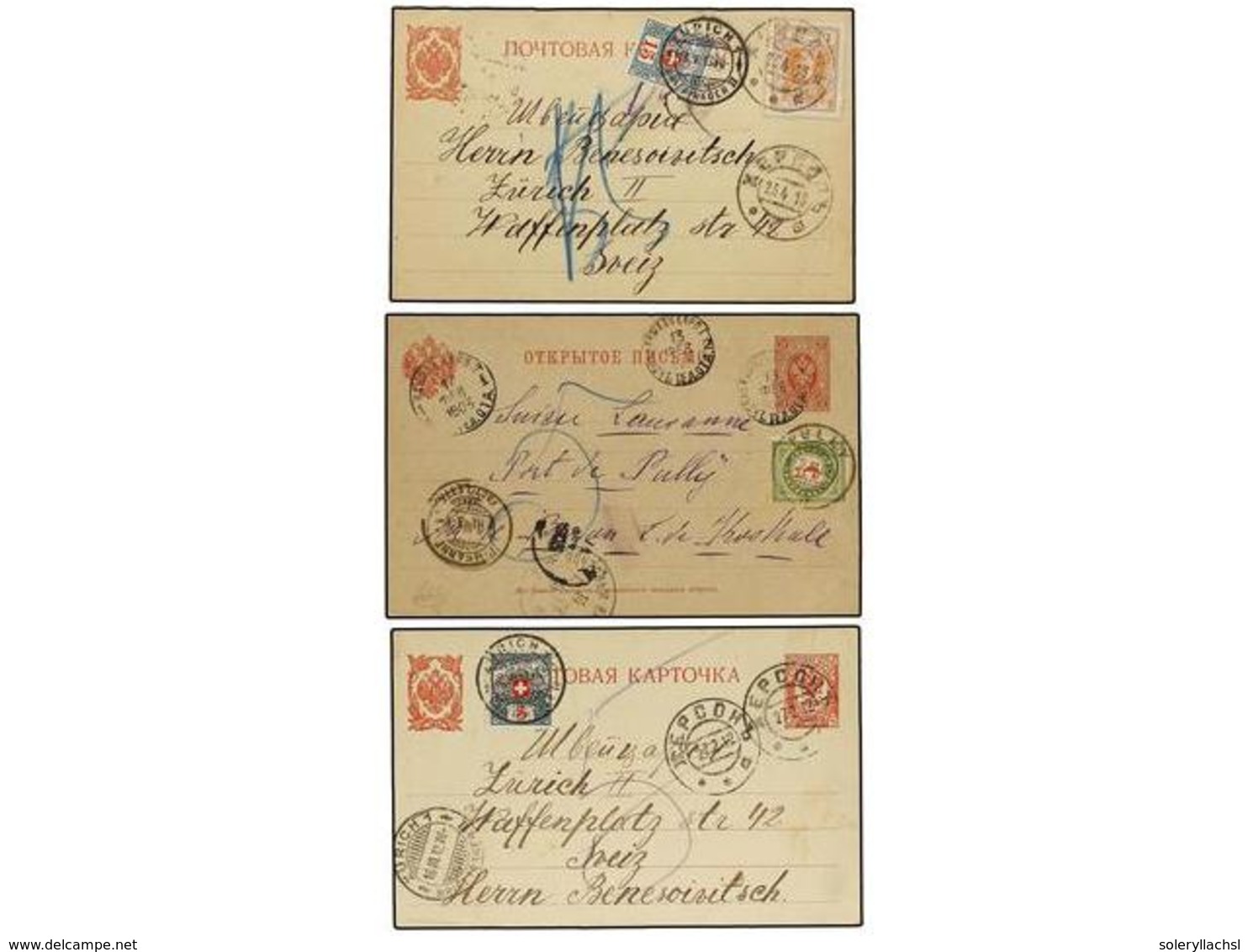 5208 RUSIA. 1903-13. 3 Postal Stationary Cards Taxed With Swiss Stamps. - Sonstige & Ohne Zuordnung