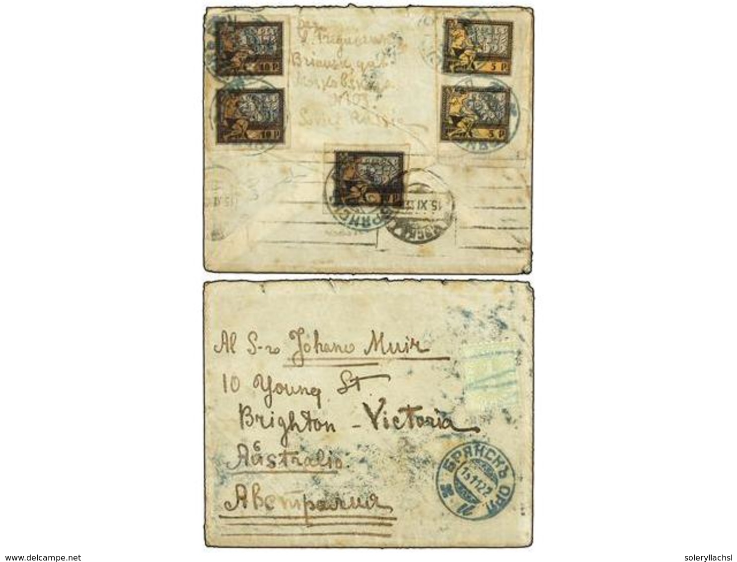 5218 RUSIA. 1922. MOSCOW To VICTORIA (Australia). <B>5 K.</B> (2) And <B>10 K.</B> (3). Taxed On Arrival With Australian - Autres & Non Classés