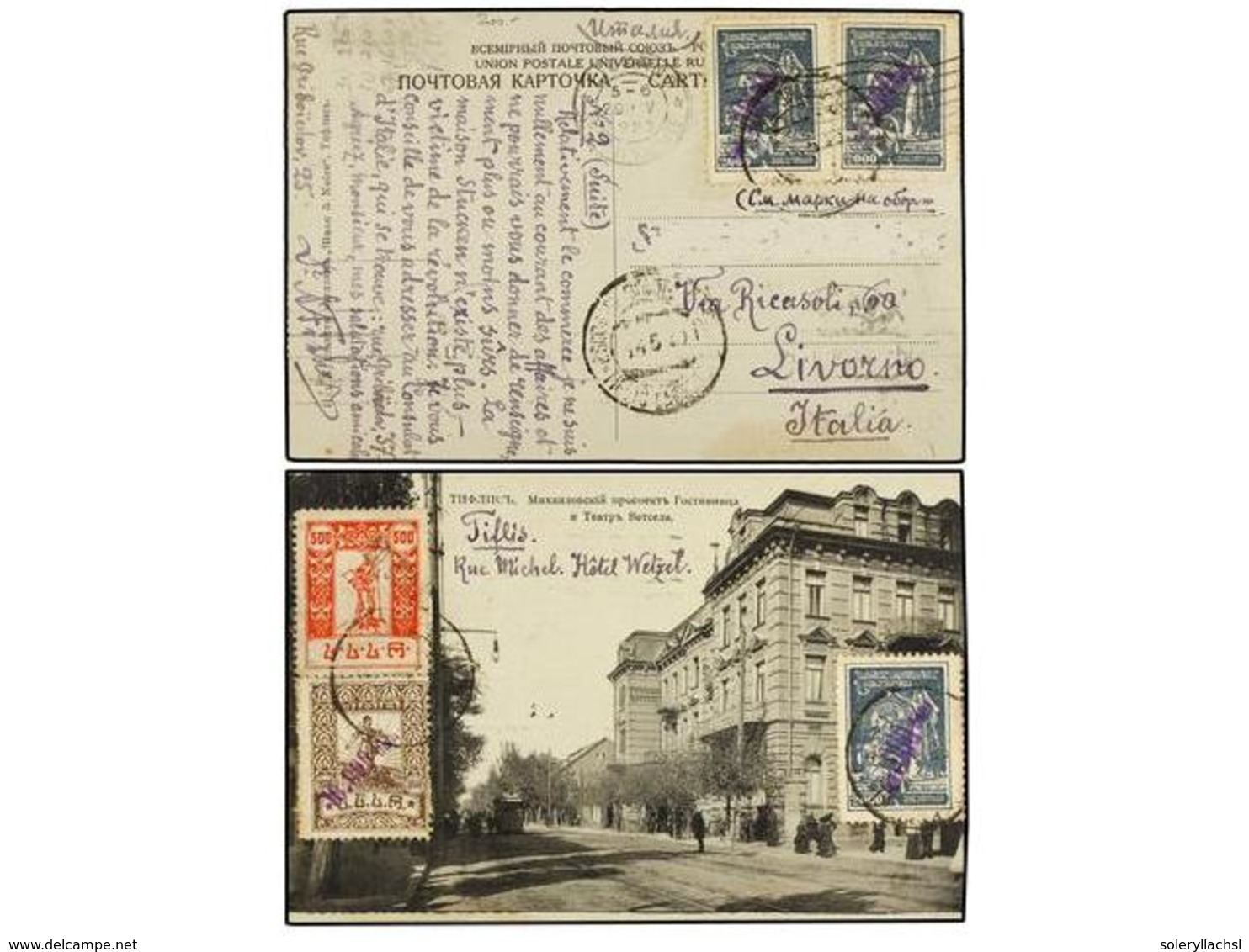 5222 U.R.S.S.: GEORGIA. 1923 (May). Postcard To LIVORNO Franked On Front And Back With 1923 Provisional Optd <B>3x15.000 - Sonstige & Ohne Zuordnung