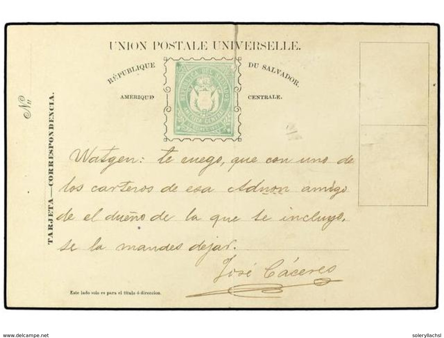 5239 SALVADOR. (1880 CA.). TARJETA POSTAL PROVISIONAL, Sello Impreso En Color Verde, Pliegue Vertical. Extraordinariamen - Other & Unclassified