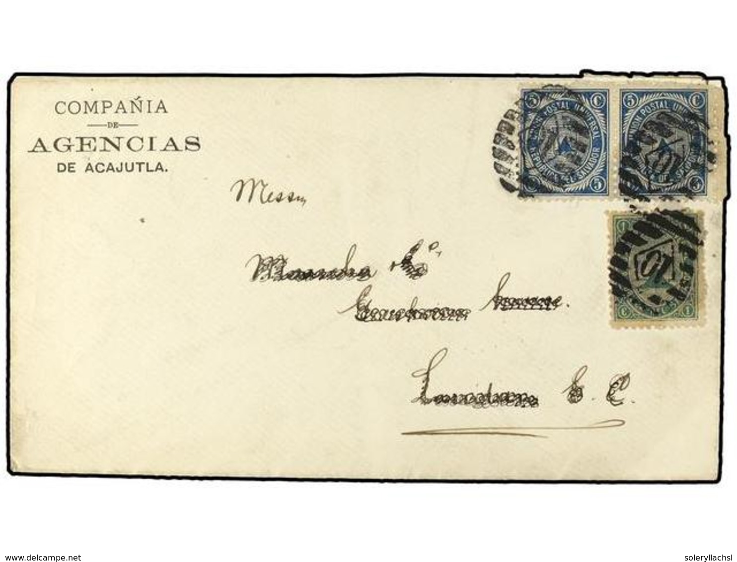 5240 SALVADOR. 1883. ACAJUTLA A LONDRES. <B>1 Ctvo.</B> Verde Y <B>5 Ctvos.</B> Azul. Carta Circulada Por MENSAJERIA PRI - Sonstige & Ohne Zuordnung