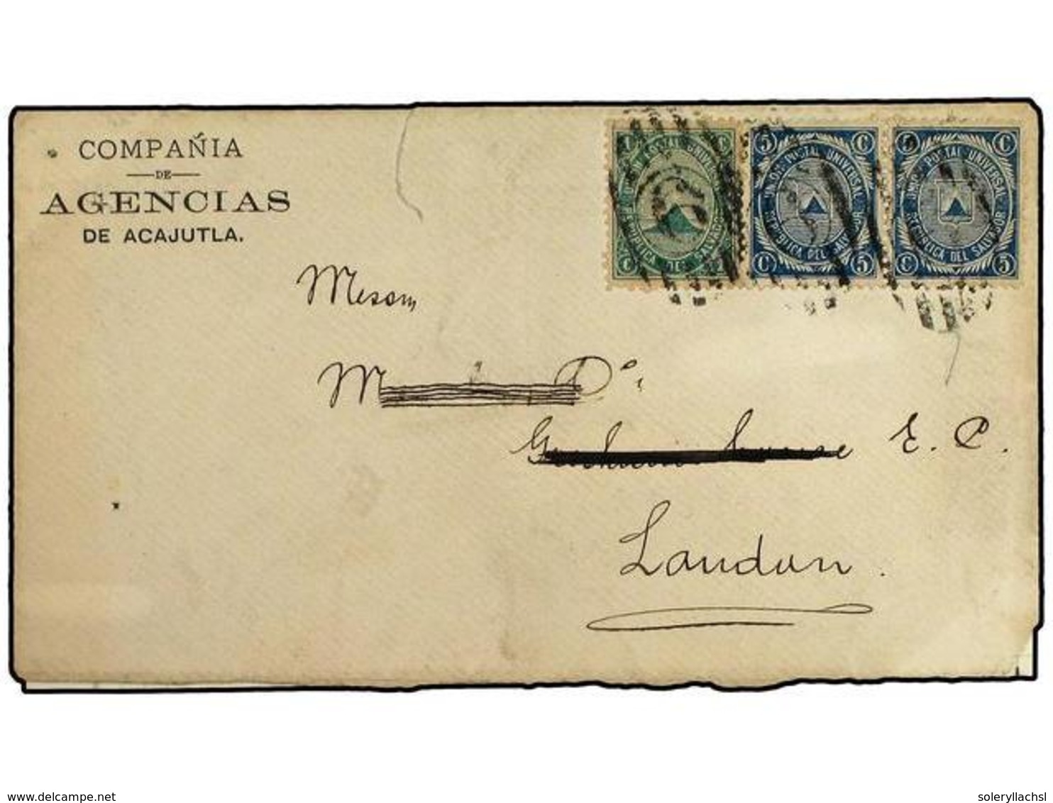 5241 SALVADOR. 1883. ACAJUTLA A LONDRES. <B>1 Ctvo.</B> Verde Y <B>5 Ctvos. </B> Azul (2). Carta Circulada Por MENSAJERI - Sonstige & Ohne Zuordnung