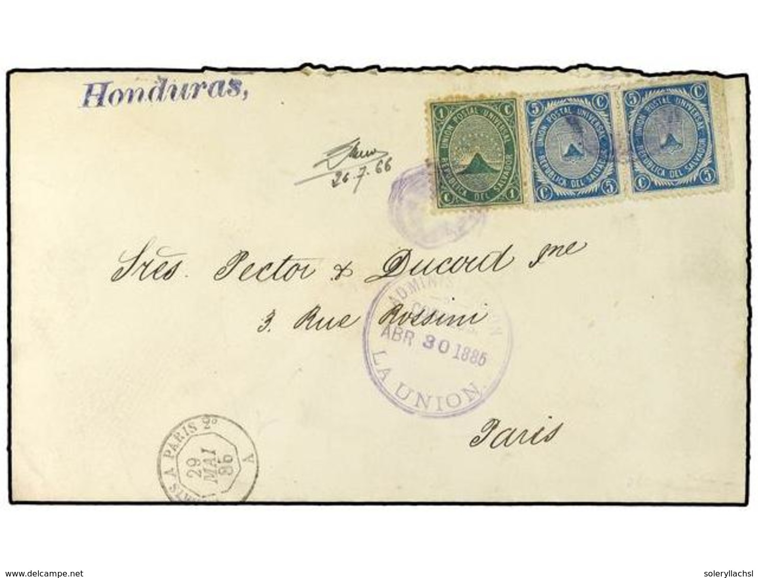 5242 SALVADOR. Sc.13,15(2). 1886. LA UNION A FRANCIA.<B> 1 Ctvo.</B> Verde Y <B>5 Ctvos</B> Azul (2). MAGNIFICA. - Sonstige & Ohne Zuordnung