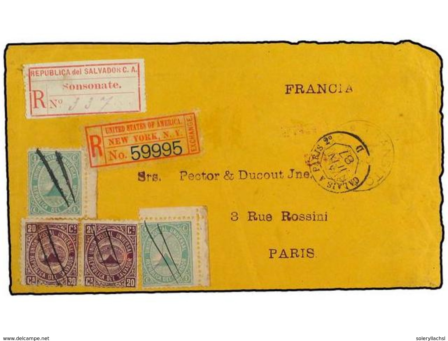 5243 SALVADOR. 1887. FRONTAL. SONSONATE A PARIS. <B>1 Cto.</B> Verde (2) Y <B>20 Cts.</B> Violeta (2), Mat. A Pluma. Car - Sonstige & Ohne Zuordnung