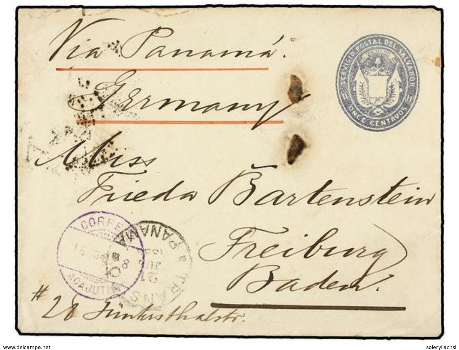 5245 SALVADOR. 1888. <B>11 C.</B> Blue Stationery Envelope, Pointed Flaps, White Inside, H & G 3f; Used Via PANAMA To GE - Sonstige & Ohne Zuordnung