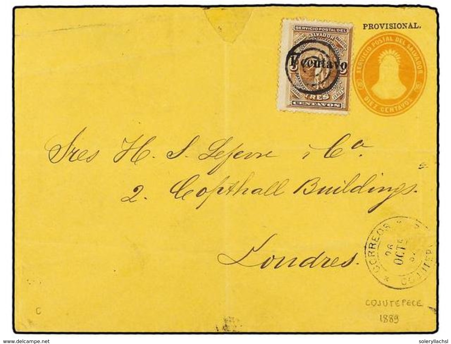 5246 SALVADOR. 1889. COJUTEPEQUE A LONDRES. Sobre Provisional De <B>10 Ctvos.</B> Con Franqueo Adicional De <B>1 Ctvo. S - Other & Unclassified