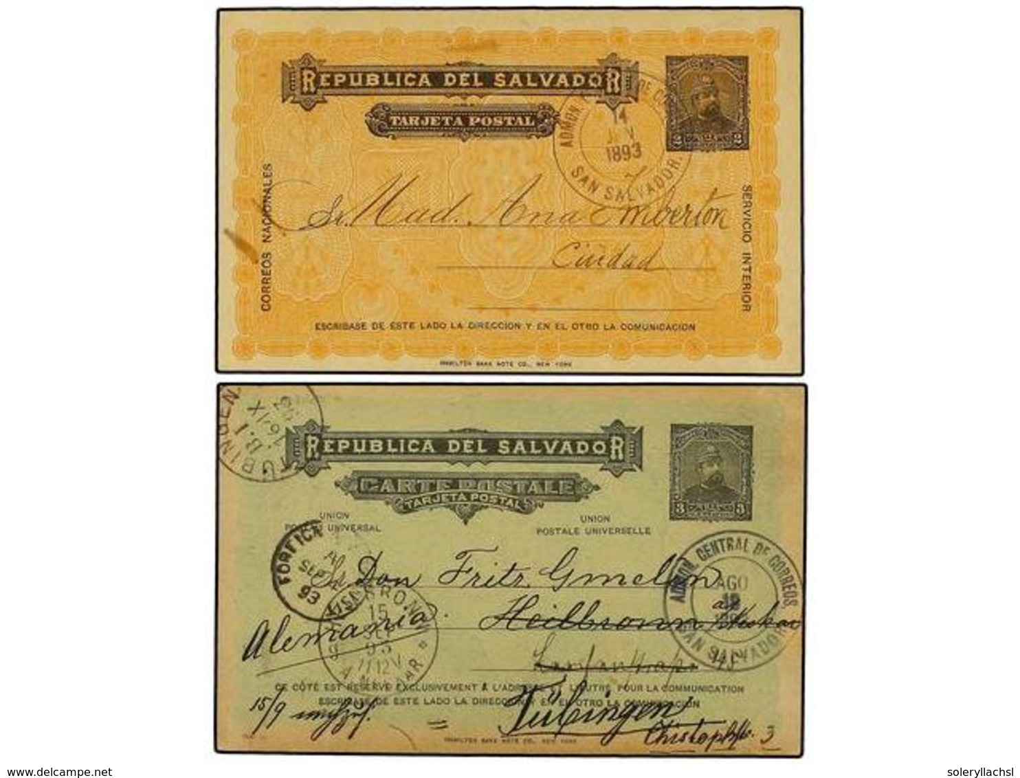 5248 SALVADOR. 1893. Dos Enteros Postales De <B>2 Ctvos.</B> Negro S. Naranja Y <B>3 Ctvos.</B> Negro S. Verde Circulado - Other & Unclassified