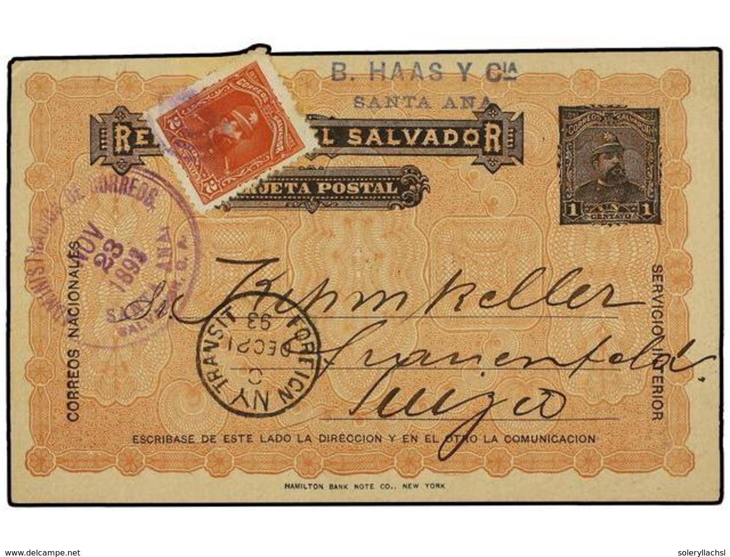 5251 SALVADOR. Sc.77. 1893. SANTA ANA A SUIZA. Entero Postal De <B>1 Ctvo.</B> Con Franqueo Adicional De <B>2 Ctvos.</B> - Other & Unclassified