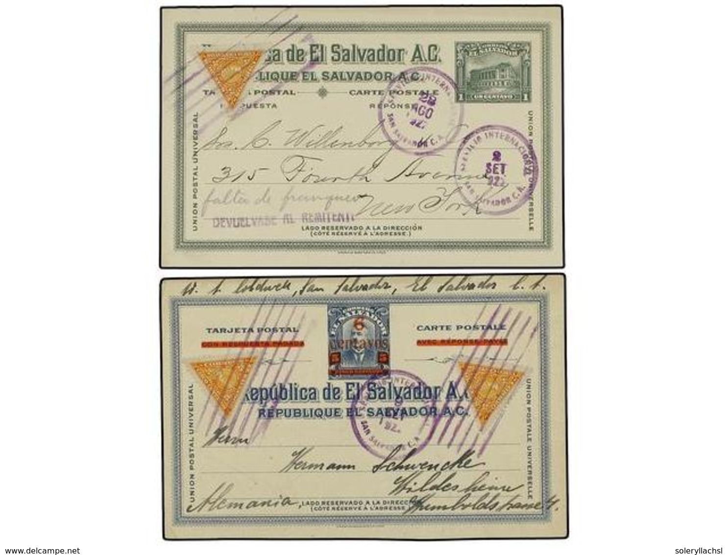 5258 SALVADOR. 1922-27. Dos Enteros Postales De <B>1 Ctvo.</B> Verde Y <B>6 Ctvos. S. 5 Ctvos.</B> Azul Con Franqueo Adi - Other & Unclassified