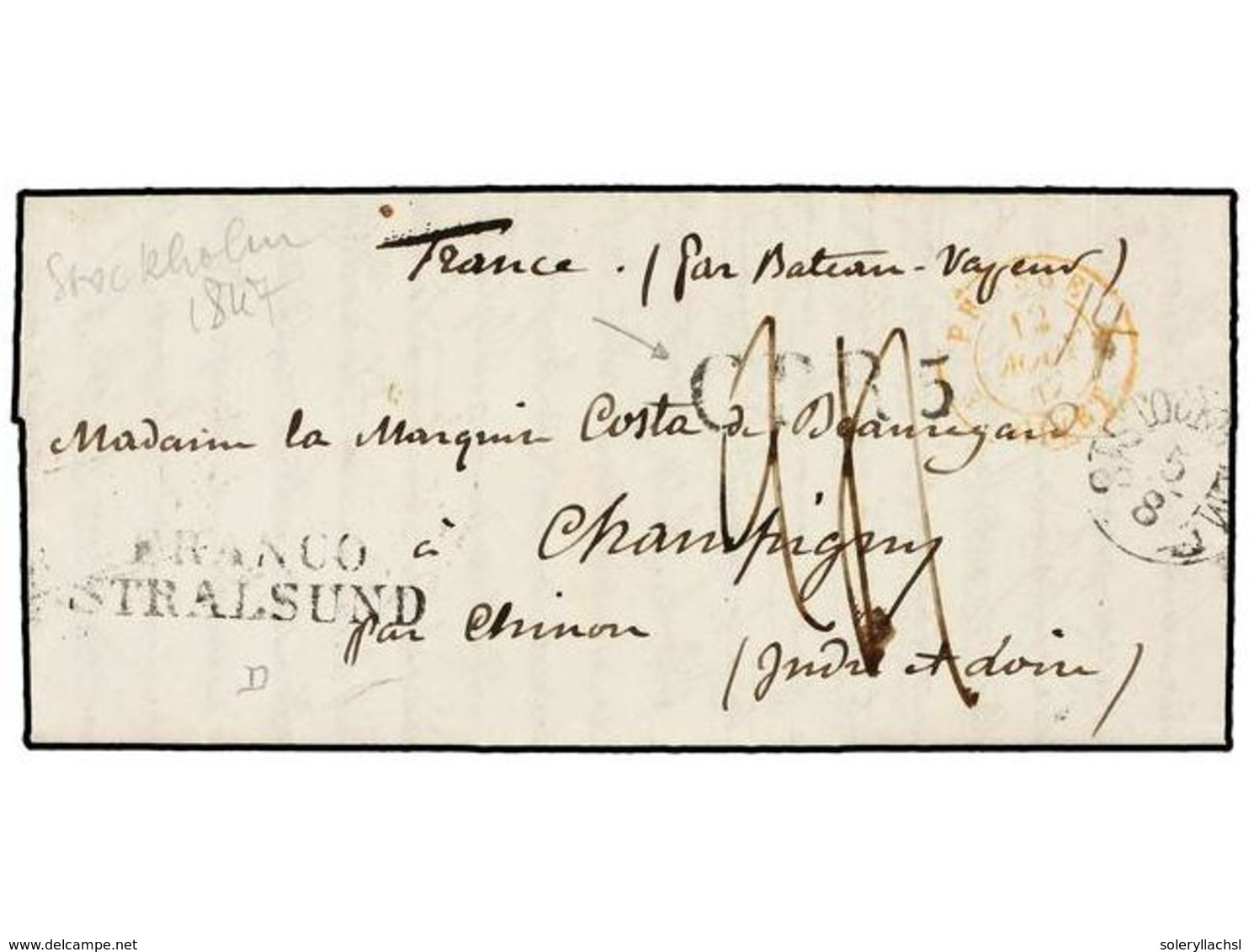 5288 SUECIA. 1847. STOCKHOLM A FRANCIA. Marca<B> FRANCO STRALSUND</B> Y Fechador De Entrada<B> PRUSSE/GIVET</B> Y Marca< - Sonstige & Ohne Zuordnung