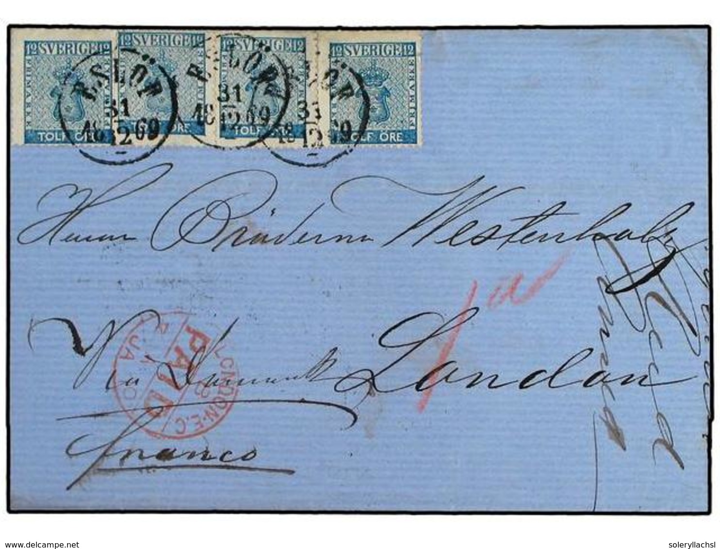 5295 SUECIA. 1869. Cover To LONDON From YSTAD Prepaid With Four 1858 <B>12 O.</B> Ultramarine All Tied By <B>ESLOF</B> C - Other & Unclassified