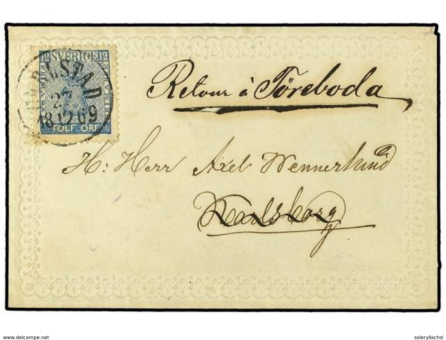 5296 SUECIA. 1869 (Dec 27). Delightful Ladies's Envelope To Karlborg Franked By 1858-62 <B>12ö</B> Ultramarine Tied By < - Sonstige & Ohne Zuordnung