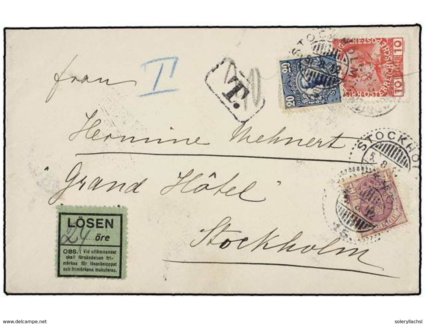 5306 SUECIA. 1912. AUSTRIA A ESTOCOLMO. <B>10 H. </B>rosa Lila, Tasada A La Llegada Con Sellos De <B>4 Ore</B> Lila Y <B - Sonstige & Ohne Zuordnung