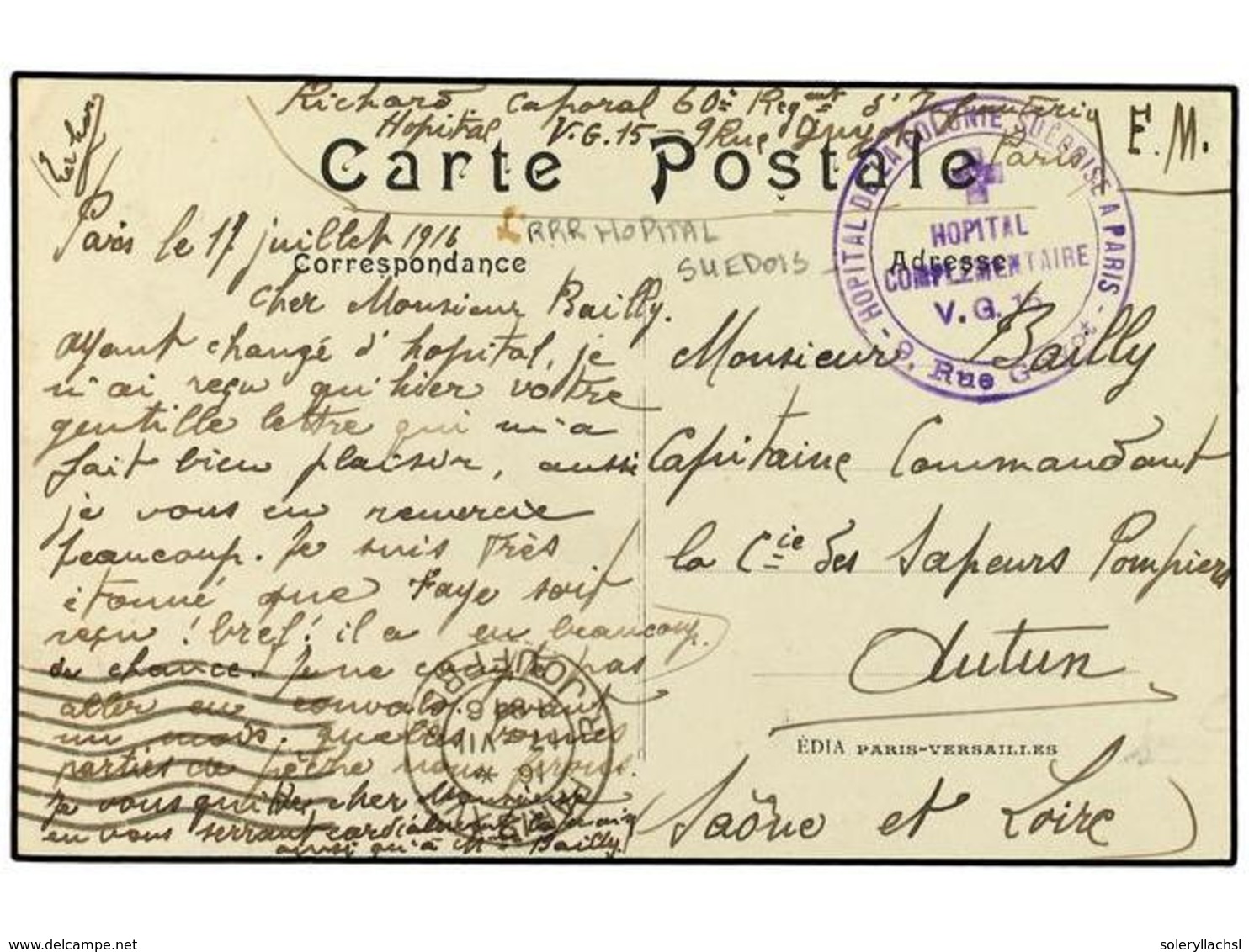 5308 SUECIA. 1916. Military Mail Picture Post Card Cancelled By Military Cachet <B>HOPITAL DE LA COLONIE SUEDOISE A PARI - Sonstige & Ohne Zuordnung