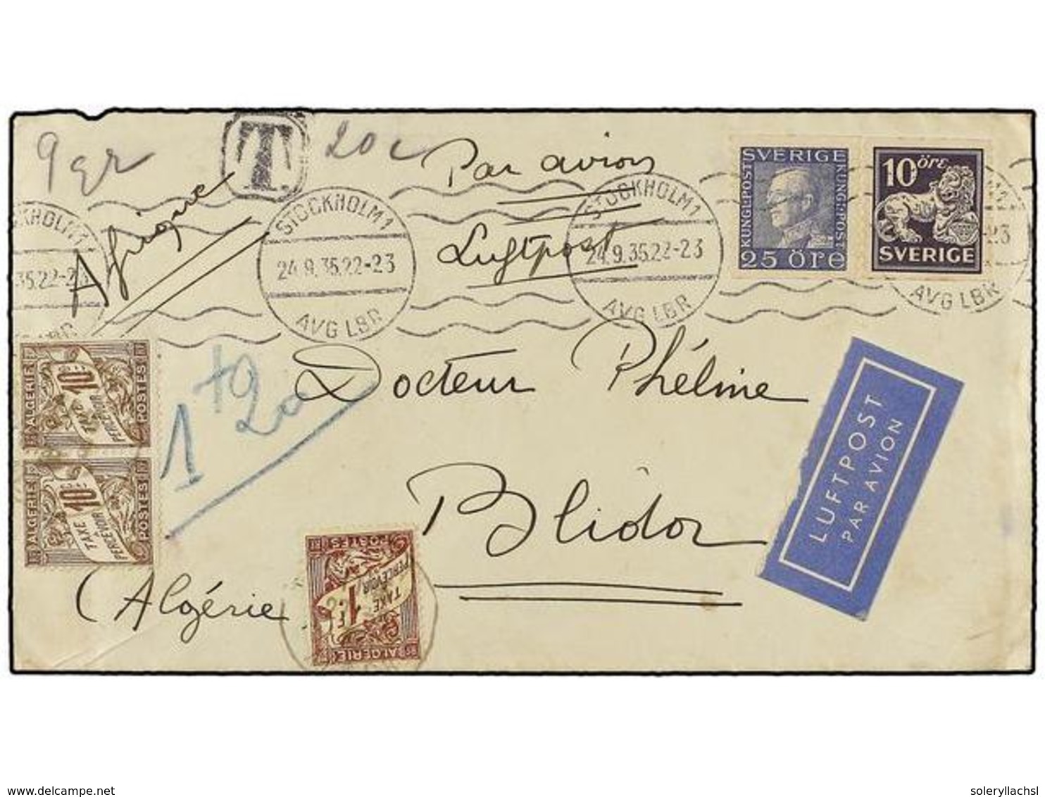 5311 SUECIA. 1935. STOCKHOLM To ALGERIA. <B>10 Ore </B>violet And <B>25 Ore</B> Blue, Taxed On Arrival With Algerian <B> - Autres & Non Classés