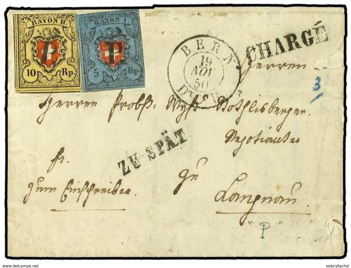 5319 SUIZA. Yv.14,15. 1850. BERN A LONGNOM. <B>5 Rp.</B> Azul Y Rojo Y <B>10 Rp.</B> Naranja Y Rojo. Mat. <B>P</B> Y Mar - Sonstige & Ohne Zuordnung