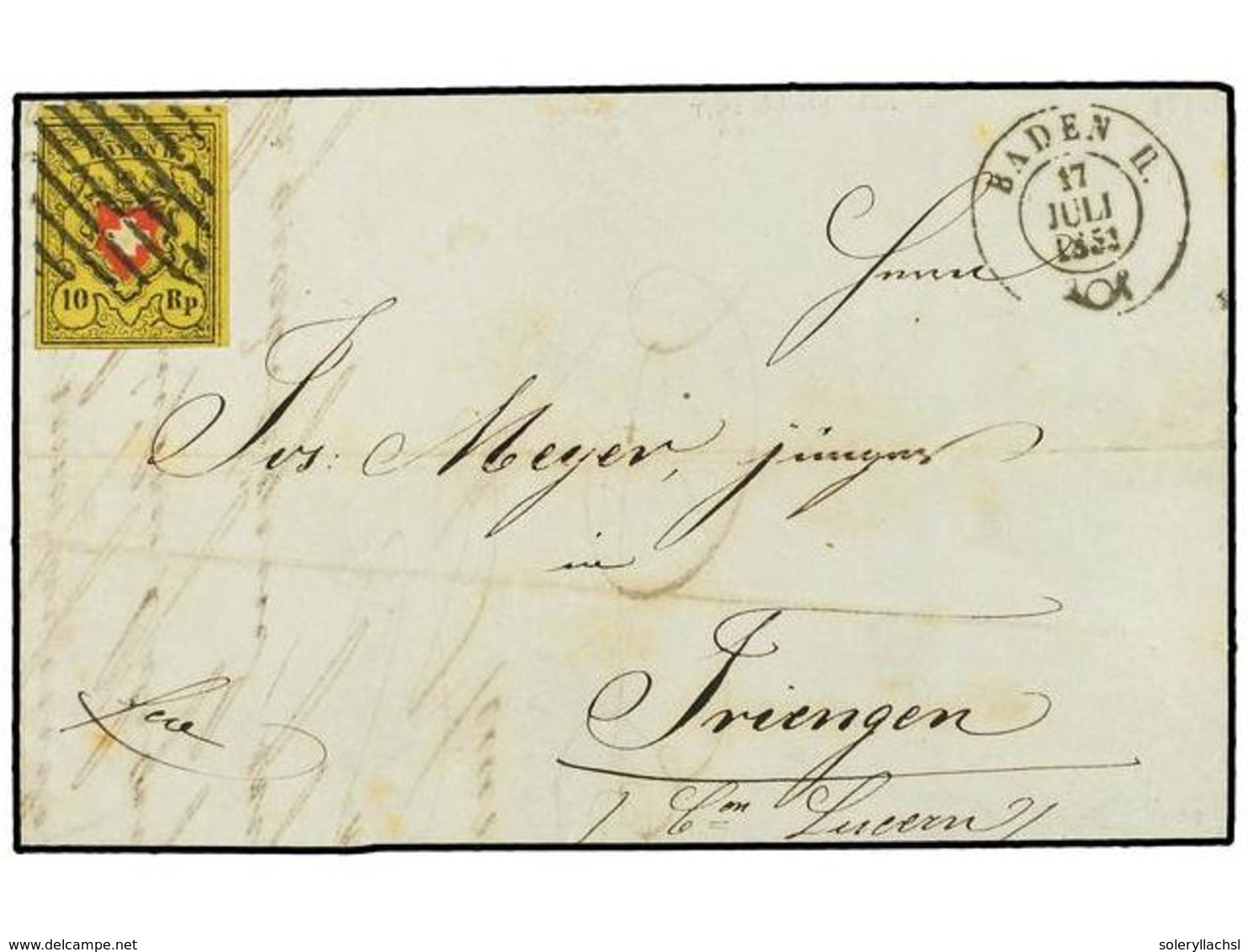 5321 SUIZA. 1851 (July 17). Entire Letter To Iringen Franked By Fine Margined Rayon II <B>10rp</B>. Yellow, Black & Red  - Sonstige & Ohne Zuordnung