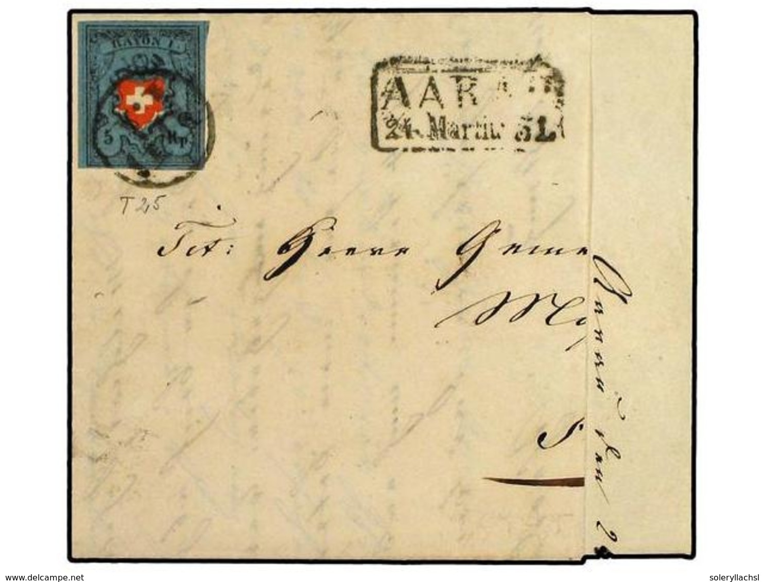 5323 SUIZA. Yv.15I. 1851. AARAU. <B>5 Rp.</B> Azul Oscuro Y Rojo. Tipo 25. Matasellos <B>P.P.</B> Dentro De Un Círculo D - Sonstige & Ohne Zuordnung