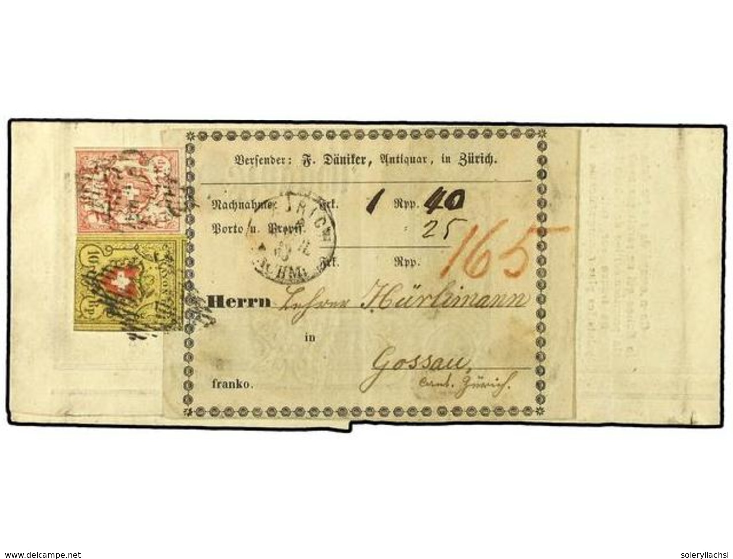 5324 SUIZA. (1852 CA). Printed Matter Wrapper From An Antique Dealer In Zurich To Gossau, Franked By 1850 Rayon II <B>10 - Other & Unclassified