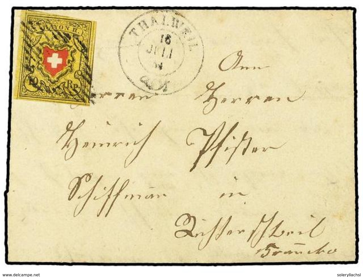 5326 SUIZA. 1854 (July 16). Entire Letter Franked By Fine Margined Rayon II <B>10rp</B>. Yellow, Black & Red (light Crea - Other & Unclassified