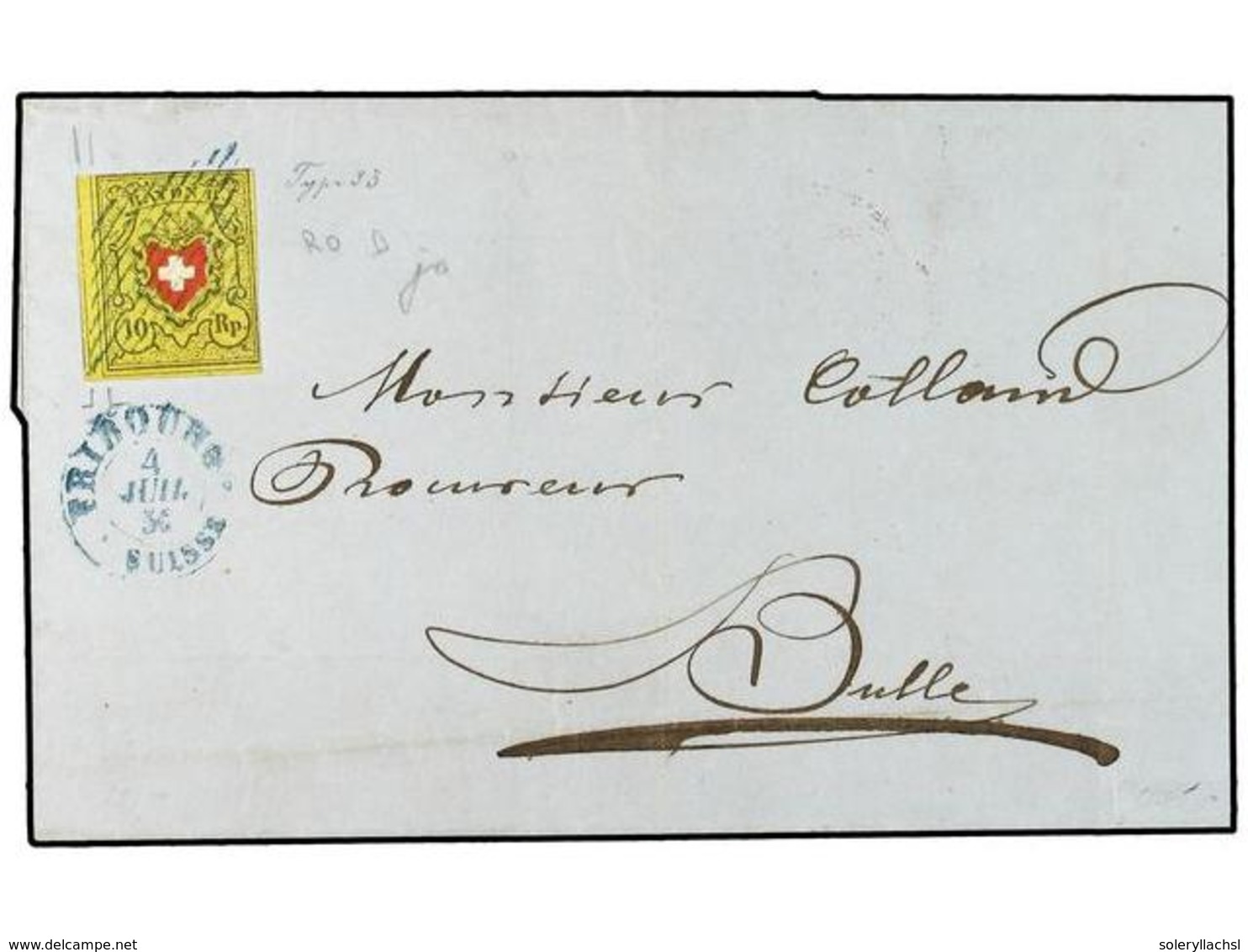 5329 SUIZA. Yv.15. 1856. FRIBOURG A BULLE.<B> 10 Rp.</B> Amarillo Y Rojo. Margen Izquierdo Excepcional Con Parte Del Otr - Andere & Zonder Classificatie