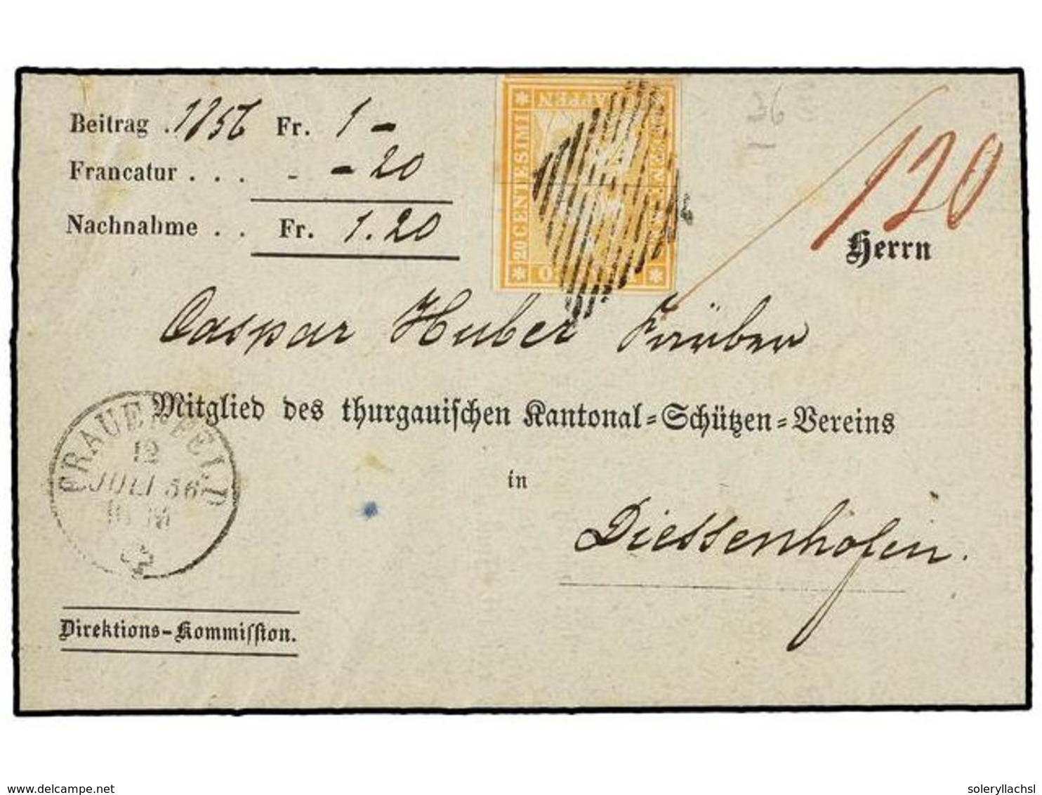 5330 SUIZA. 1856. FRAUEFELD To DIESSENHOFEN.<B> 20 Rp.</B> Orange, Large Margins. VERY FINE. - Sonstige & Ohne Zuordnung