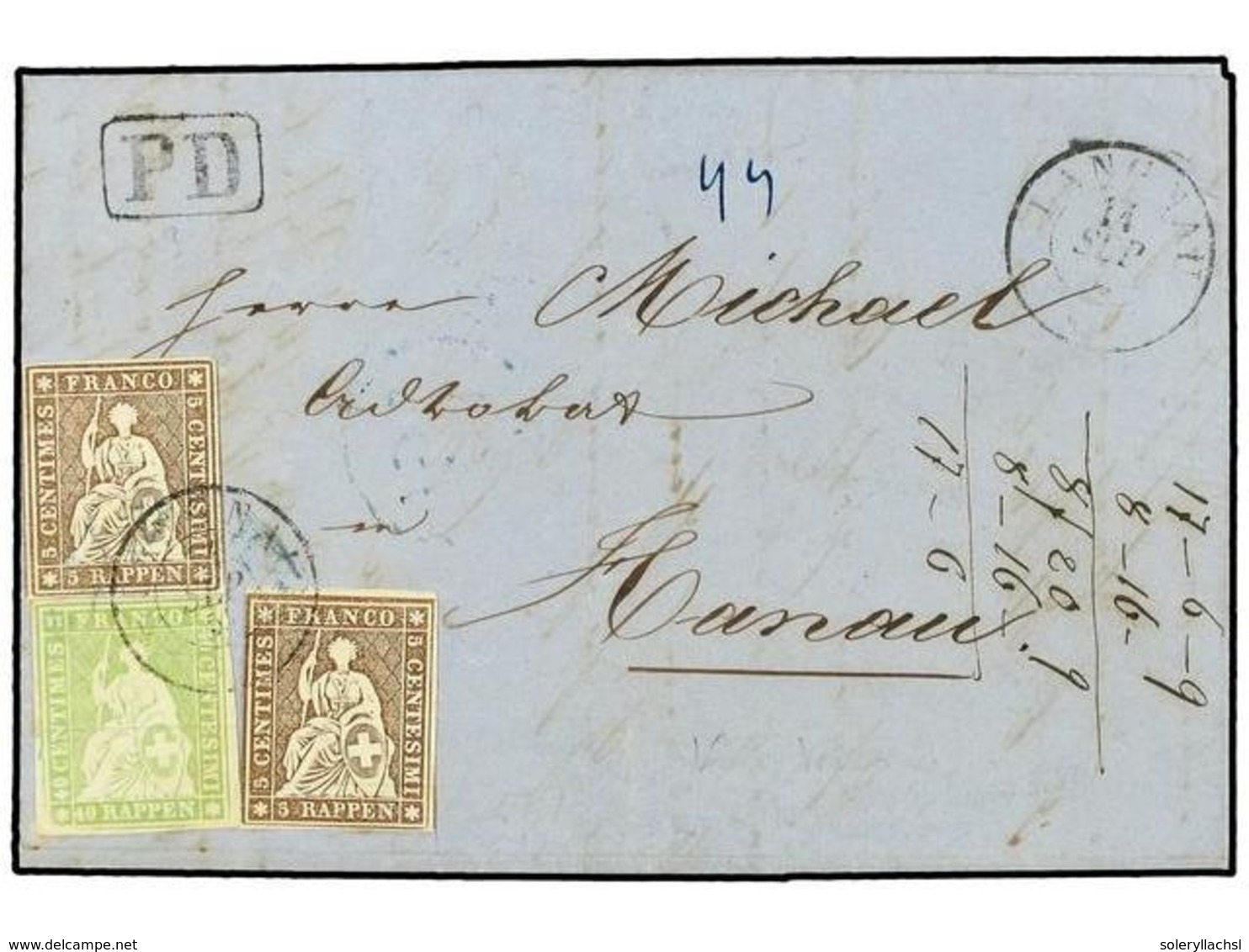 5333 SUIZA. 1857 (Sept 14). Entire Letter To Hanau Franked By 1854-62 <B>5r</B>. Brown (2) And Superb Single <B>40rp</B> - Sonstige & Ohne Zuordnung