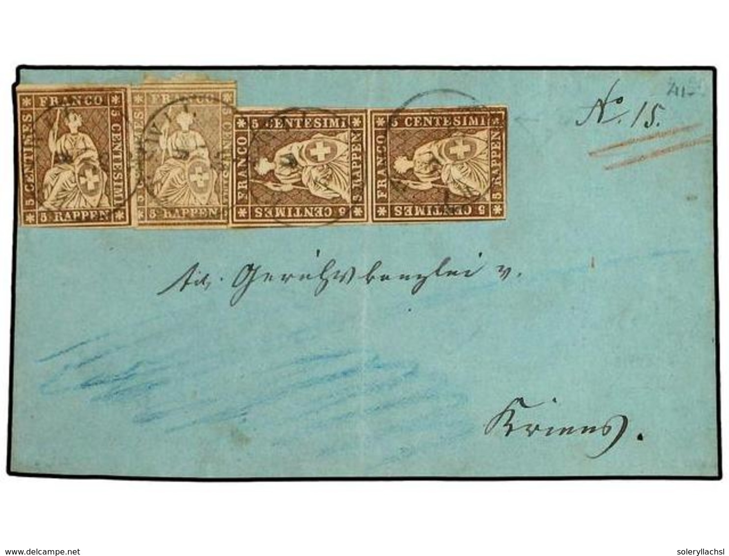 5334 SUIZA. 1858. RUSWIL A KRIENS. <B>5 Rp.</B> Castaño (Zu. 22C) Y Castaño Claro (4 Sellos). Carta Certificada Con Un S - Sonstige & Ohne Zuordnung