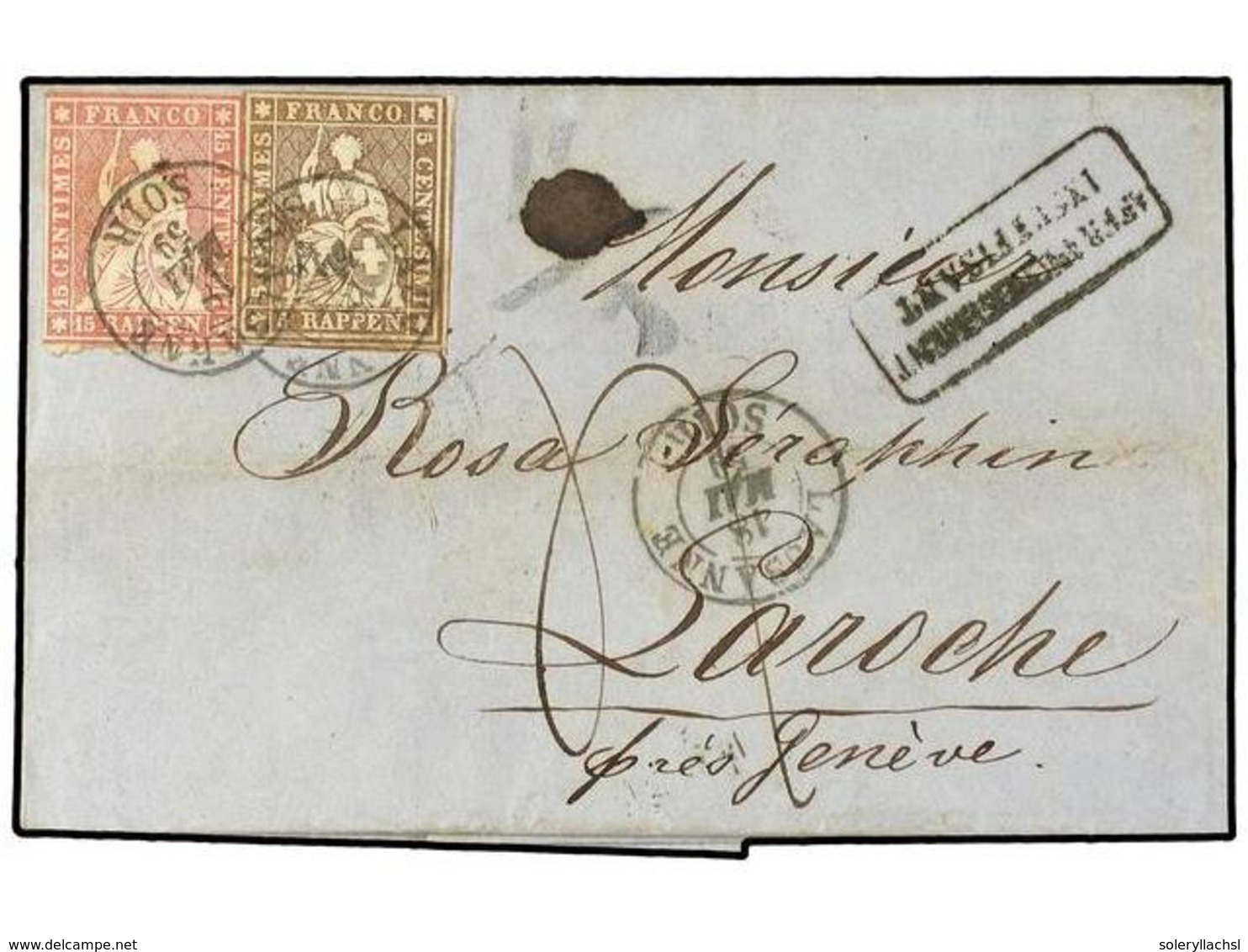 5336 SUIZA. Yv.26, 27. 1859. LAUSANNE A LA ROCHE. <B>5 Rp.</B> Castaño Y <B>15 Rp.</B> Rosa, Carta Con Franqueo Insufici - Sonstige & Ohne Zuordnung