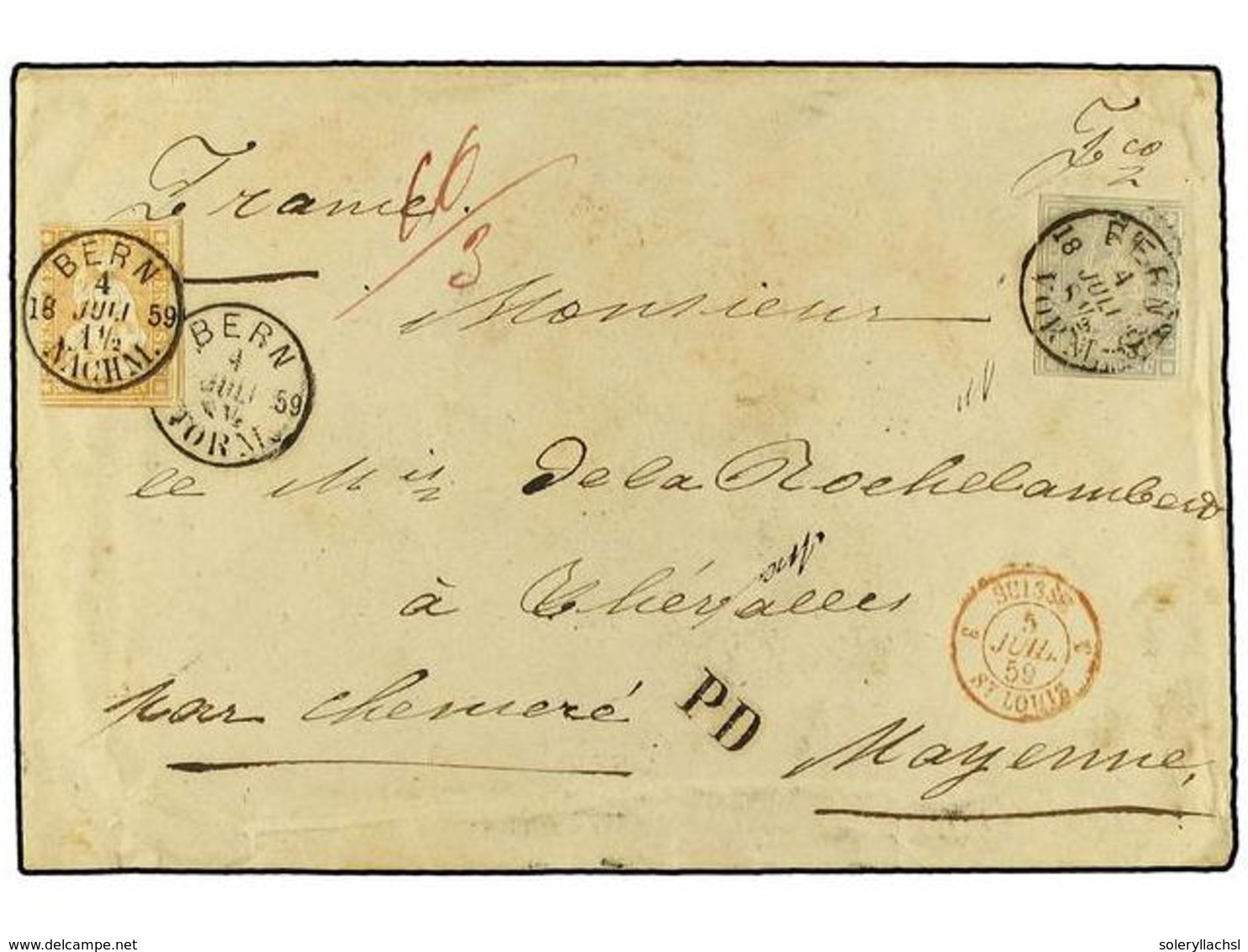 5338 SUIZA. 1859. BERNA A FRANCIA. Carta Inicialmente Franqueada Con Sello De <B>1 Fr.</B> Gris Y Retenida Por Falta De  - Other & Unclassified