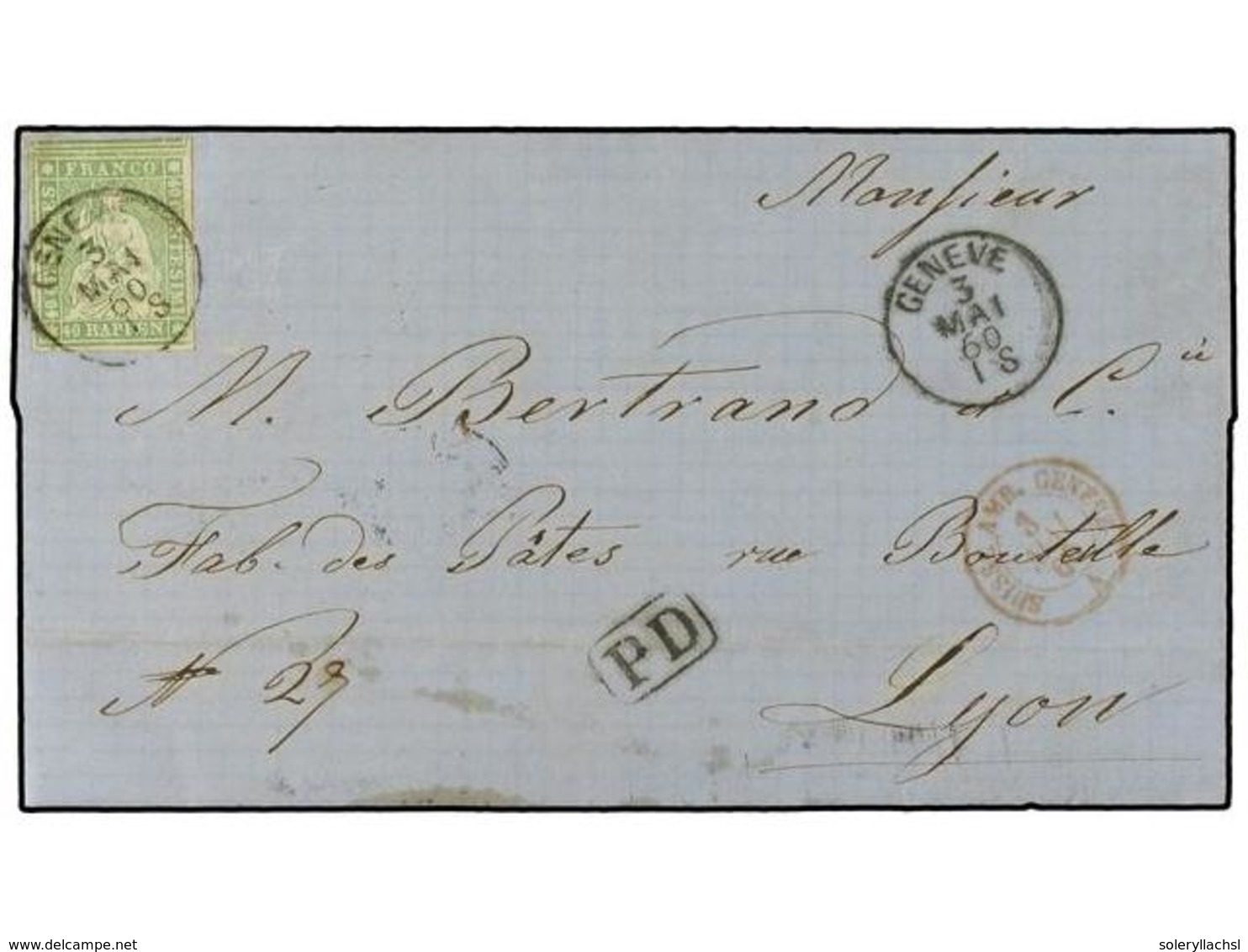 5342 SUIZA. 1860 (May 3). Entire Letter From Geneva To Lyon Franked By Fine 1858-62 <B>40r</B>. Pale Green Tied By <B>Ge - Other & Unclassified