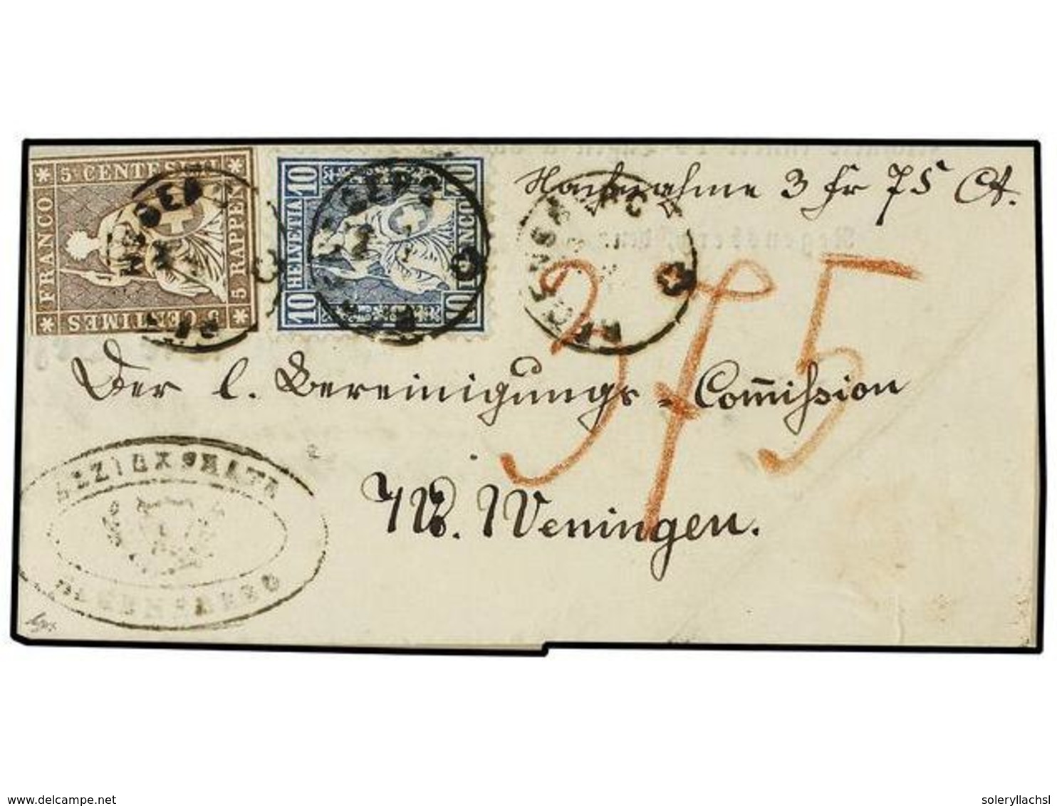 5346 SUIZA. Zu.22G, 31. 1862 (Dec. 4). Printed Entire For Charged Of 3fr. 75c. Franked By Rare Sitting Helvetia 1854/62  - Other & Unclassified