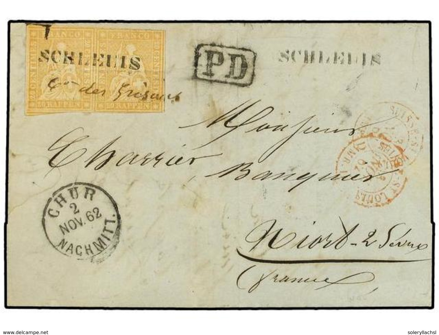 5348 SUIZA. 1862 (Nov 2). Entire Letter To Niort, France Franked By 1854-62 <B>20r</B>. Pale Dull Orange Horizontal Pair - Sonstige & Ohne Zuordnung