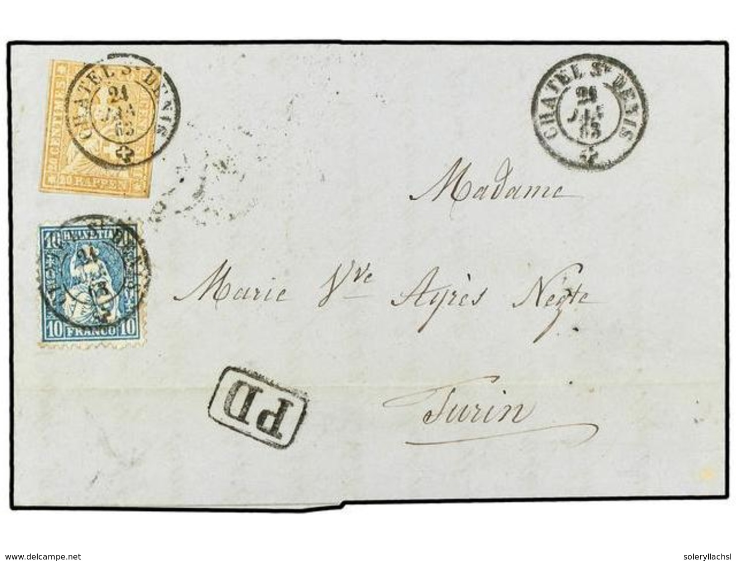 5349 SUIZA. Yv.29,36. 1863. CHATEL ST. DENIS A TURIN (Italia). <B>20 Rp.</B> Naranja Y <B>10 Rp.</B> Azul. Precioso Fran - Sonstige & Ohne Zuordnung