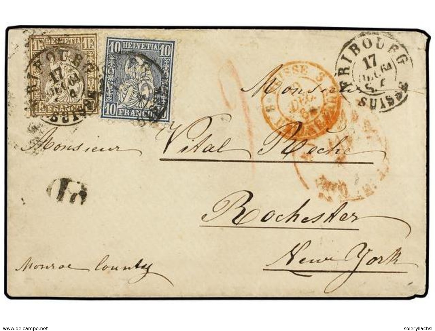 5352 SUIZA. Yv.36,41. 1864. FRIBOURG A NEW YORK.<B> 10 Rp.</B> Azul Y <B>1 Fr.</B> Oro. MAGNIFICA. Cert. MARCHAND. - Other & Unclassified